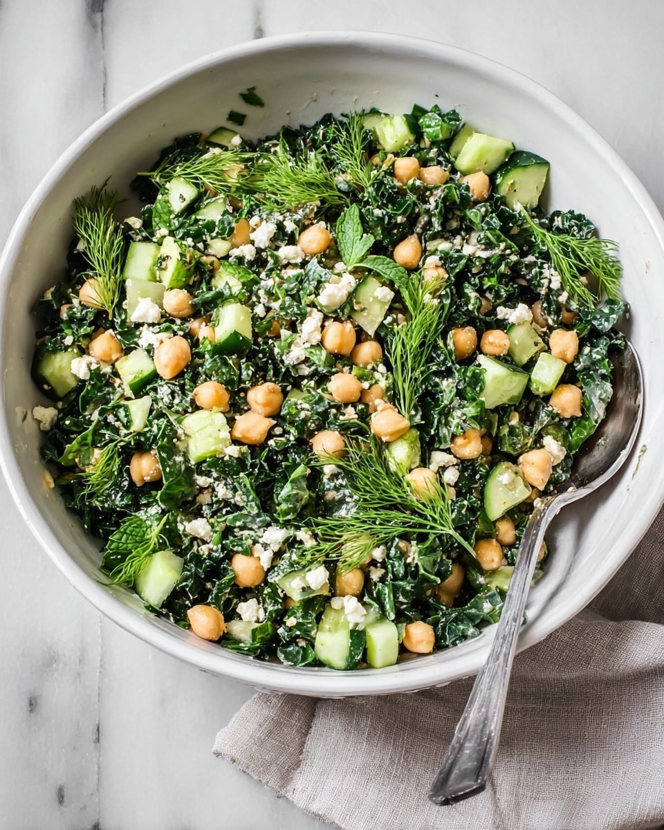 A white bowl filled with a mixed salad showing three main layers: dark green chopped kale evenly mixed throughout, light green cucumber pieces cut into small cubes placed all around the kale, and creamy beige chickpeas dotted evenly on top and inside the salad. There are small bits of white cheese sprinkled and mixed in, with fresh green mint and dill leaves garnishing the top. A silver spoon rests on the right side inside the bowl. The bowl is placed on a white marbled surface with a light gray cloth napkin on the right side of the bowl. Photo taken with an iphone --ar 4:5 --v 7