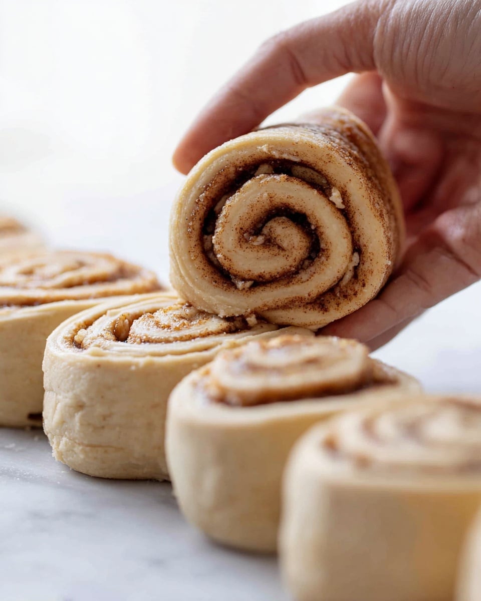 A close-up image shows a woman's hand picking up a single cinnamon roll from a line of unbaked cinnamon rolls on a white marbled surface. The cinnamon rolls have multiple layers of light beige dough intertwined with cinnamon and sugar filling, giving the spirals a textured look with light brown and sugary specks inside. The rolls are aligned close to each other, with the one in the woman's hand raised slightly above the others, showing its round, spiral shape clearly. The background is bright and smooth, focusing attention on the rolls and the woman's hand. photo taken with an iphone --ar 4:5 --v 7