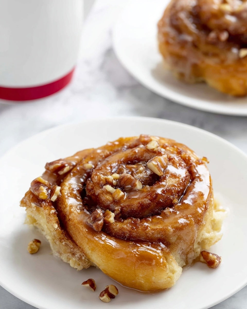 A single cinnamon roll sits on a white plate with a shiny, sticky glaze covering the top layers. It has a soft brown color with swirls of cinnamon and sugar filling clearly visible, and small pieces of chopped nuts are scattered on top and around the roll. The edges of the roll are golden and slightly crispy, curling outwards in a smooth spiral from the center. The background shows a second cinnamon roll on a similar white plate and part of a white mug with a red rim, all placed on a white marbled surface. Photo taken with an iphone --ar 4:5 --v 7