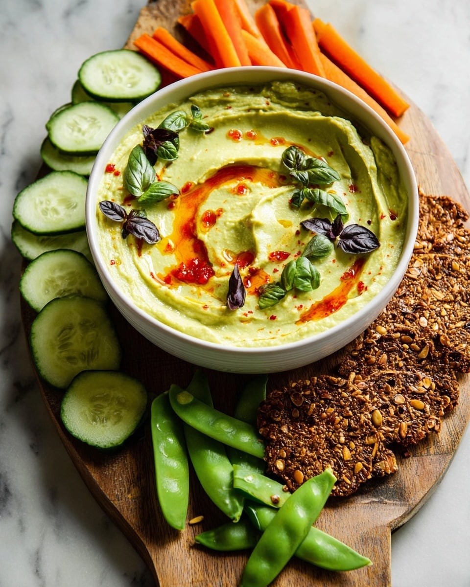 A white bowl filled with creamy light green hummus sits on a wooden board, swirled on top with bright orange-red oil and garnished with small green leaves and dark purple basil leaves. Around the bowl, fresh cut cucumber slices and orange carrot sticks are arranged neatly on the board. On one side, green snow peas are placed alongside crispy brown seed crackers with visible seeds and grains. The background is a white marbled surface. photo taken with an iphone --ar 4:5 --v 7