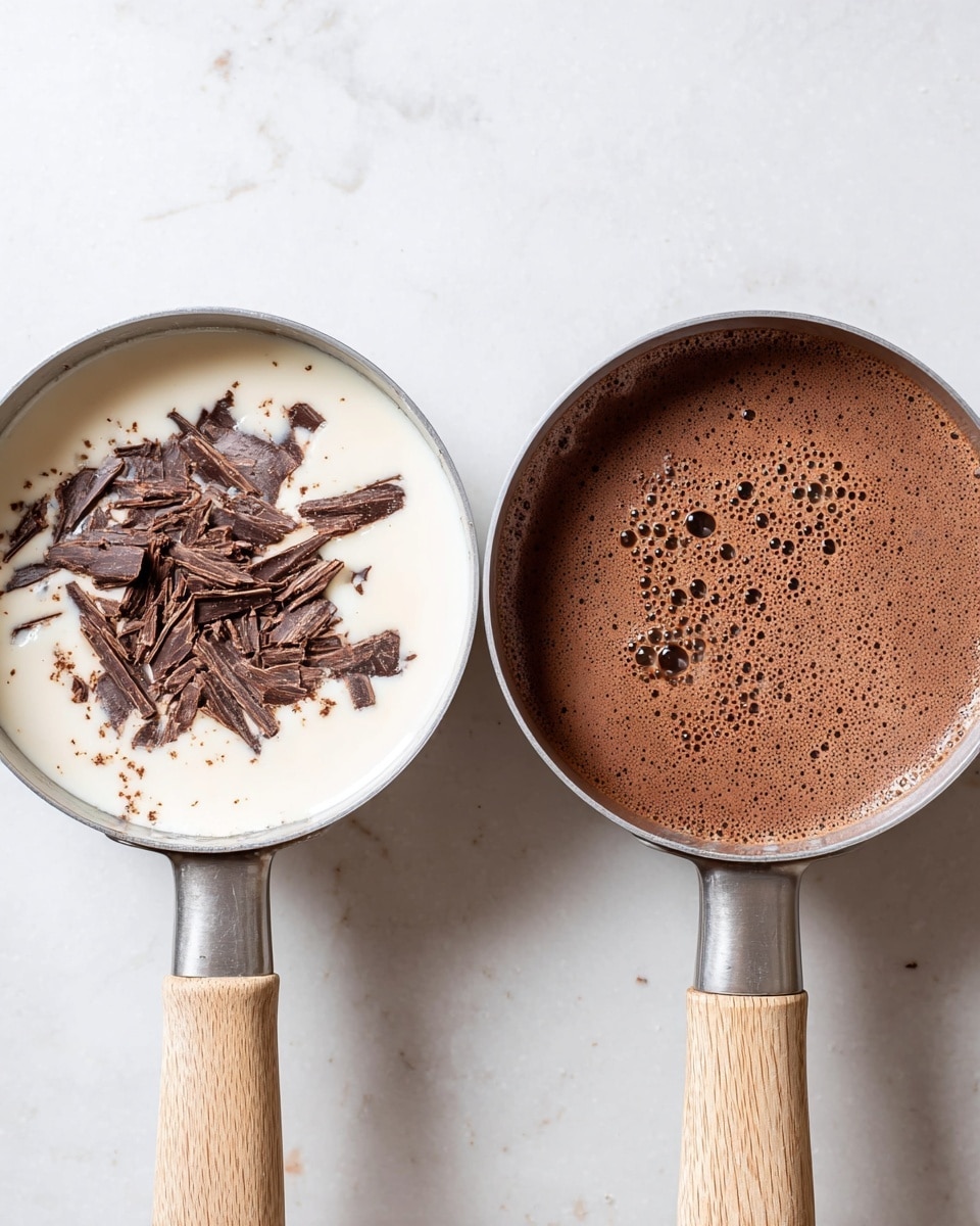The image shows two metal saucepans with wooden handles placed side by side on a white marbled surface. The left saucepan contains a creamy white liquid with dark brown chocolate chunks scattered on top, creating a contrast between the smooth white liquid and the rough texture of the chocolate pieces. The right saucepan holds a rich, frothy chocolate mixture, showing tiny bubbles across the surface that give it a light and airy texture. Both saucepans have a matte silver color, and the wooden handles have a natural light wood finish. photo taken with an iphone --ar 4:5 --v 7