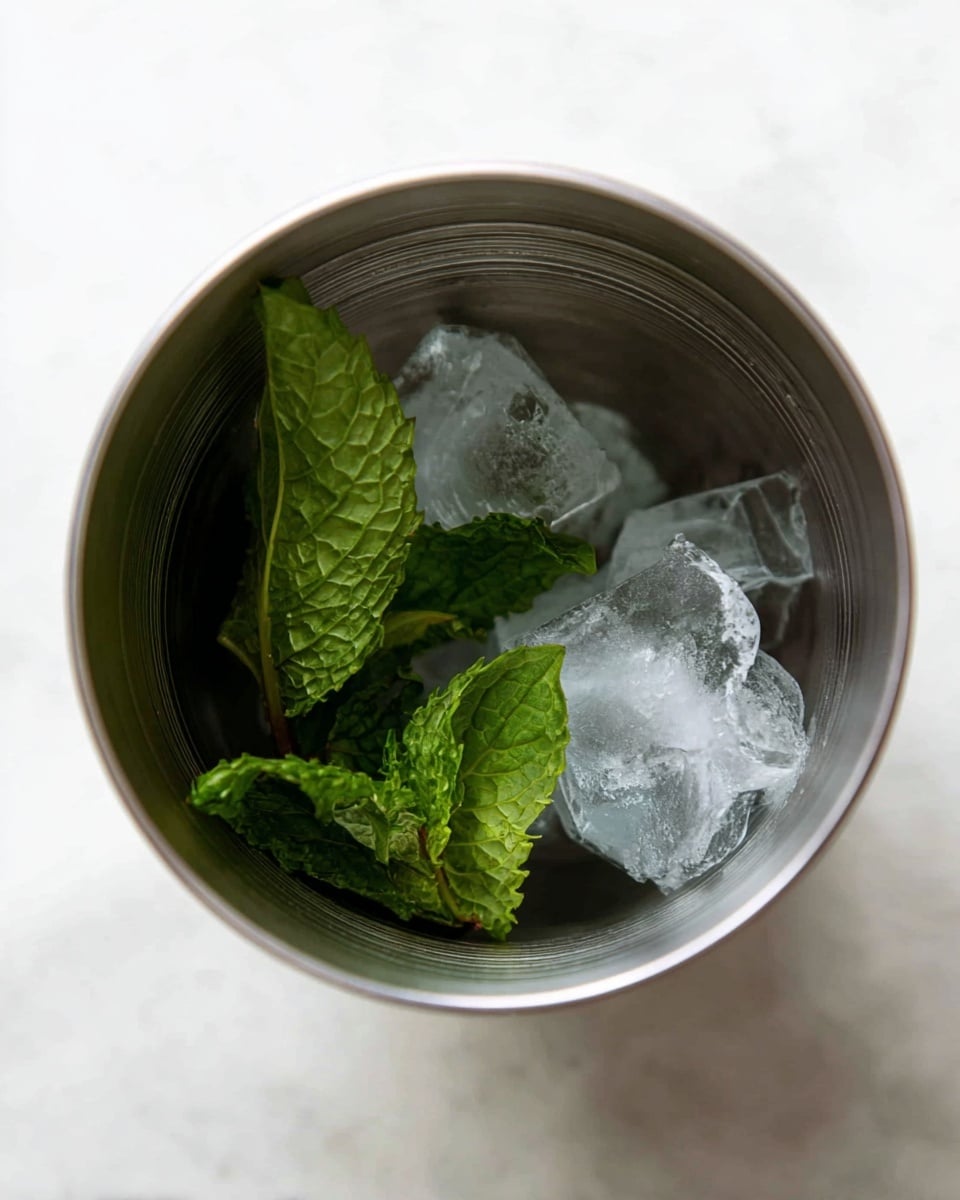 Inside a tall metal cup, there are two bright green mint leaves resting on top of several clear ice cubes at the bottom. The metal cup has a smooth, slightly brushed texture inside. The image shows a close-up top view of the cup set against a white marbled surface, highlighting the freshness of the mint and the coldness of the ice. photo taken with an iphone --ar 4:5 --v 7
