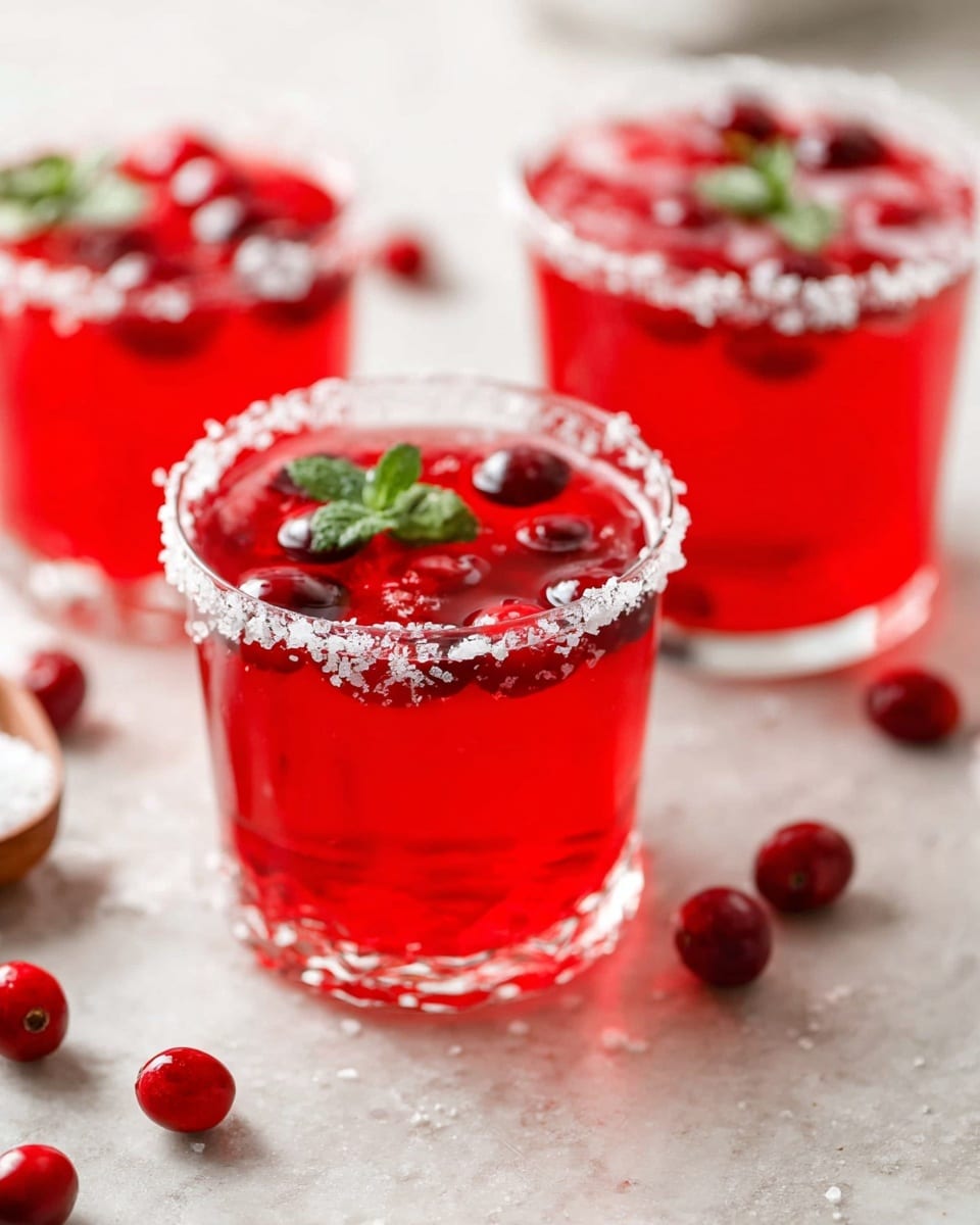 Three clear glasses filled with bright red drink sit on a white marbled surface. Each glass has a rough white sugar rim and red berries floating inside the liquid. The closest glass shows a small green mint leaf on top. Additional red berries are scattered on the surface around the glasses. The background is softly light and blurred. photo taken with an iphone --ar 4:5 --v 7