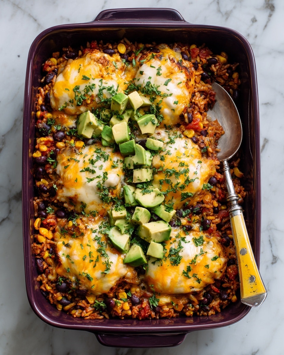 The image shows a dark purple baking dish filled with a layered casserole. The bottom layer is a textured mix of rice, black beans, corn, and diced tomatoes, with a warm orange and red color. On top of this are four large pieces of cooked chicken, covered with melted yellow and white cheese. Bright green avocado cubes and finely chopped green herbs are sprinkled on top, adding freshness and color. A silver spoon with a yellow handle is placed inside the dish on the right side, ready to serve. The dish sits on a white marbled surface. photo taken with an iphone --ar 4:5 --v 7