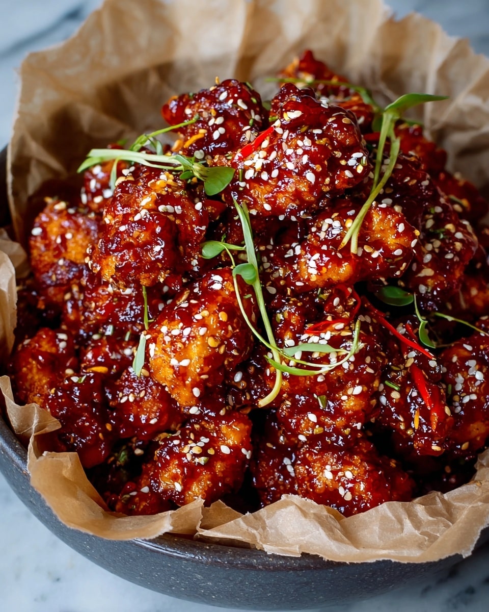A bowl lined with crumpled parchment paper holds a pile of crispy chicken pieces covered in thick, shiny, dark red sauce. The chicken pieces have a rough texture underneath the sauce, with hints of golden brown showing through. They are sprinkled with white sesame seeds and small red chili flakes. Thin, fresh green herb strands are scattered on top, adding a touch of color and freshness. The whole bowl is set on a white marbled surface. Photo taken with an iphone --ar 4:5 --v 7