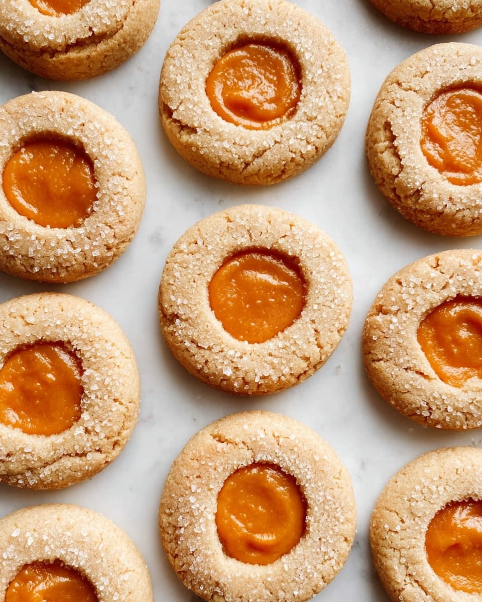 The image shows many round cookies placed closely on a white marbled surface. Each cookie has two layers: a light beige outer layer that looks soft and slightly crumbly with small sugar crystals visible, forming a thick ring shape, and an inner layer filled with smooth, shiny orange filling that is slightly raised and has a creamy texture. The cookies are evenly spaced and arranged in a grid-like pattern. Photo taken with an iphone --ar 4:5 --v 7