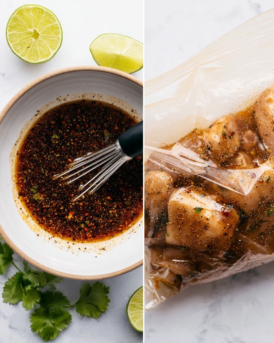 The image shows two side-by-side scenes: on the left, a white bowl with a dark brown sauce speckled with black pepper and other spices, with a black whisk resting inside, surrounded by lime halves and cilantro leaves on a white marbled surface; on the right, a clear plastic bag containing raw chicken pieces soaked and marinated in a dark brown sauce with visible seasoning and small bits of herbs, placed on a white marbled texture with some cilantro nearby. Photo taken with an iphone --ar 4:5 --v 7