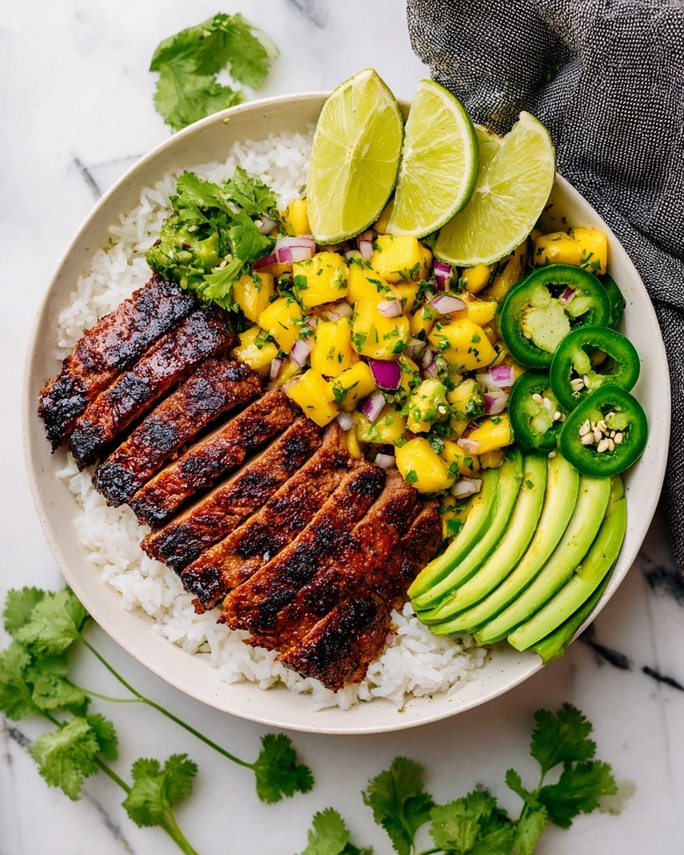 The dish is served in a white bowl filled with a base layer of white rice covering the bottom. On top, there is a thick grilled piece of dark brown meat with char marks, sliced into even strips. Next to it, a colorful mango salsa with yellow mango cubes, small pieces of purple onion, and green herbs adds bright accents. Fresh green cilantro leaves and three lime wedges sit above the salsa. On the right side near the bottom of the bowl, thin slices of green avocado fanned out with a few thick round slices of green jalapeño pepper placed on top. The bowl is set on a white marbled surface with some cilantro leaves and lime wedges nearby, along with a grey cloth napkin. Photo taken with an iphone --ar 4:5 --v 7