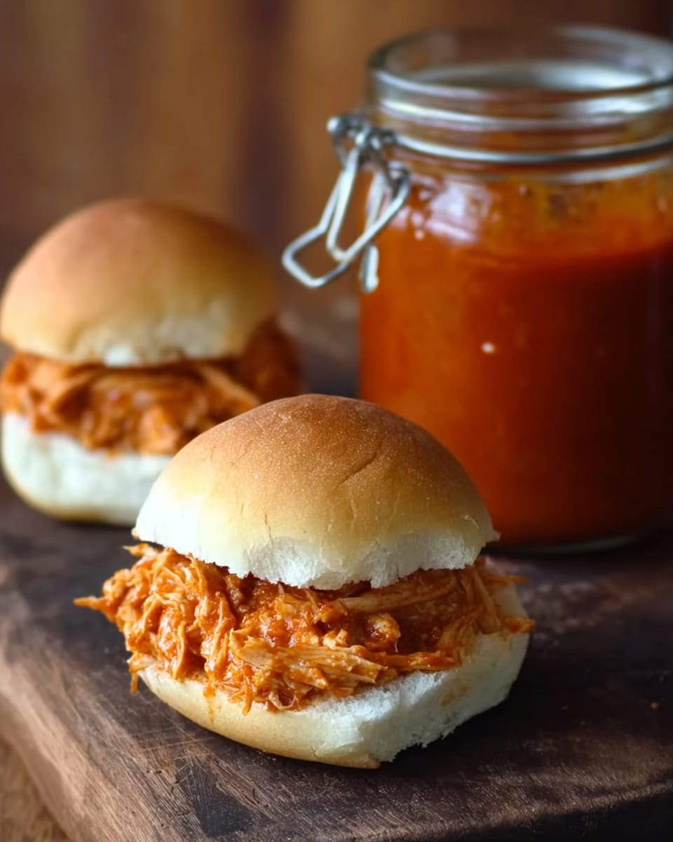 The image shows two small sandwiches on a dark wooden surface. Each sandwich has a fluffy, golden-brown bun with a soft texture on top and a white inside. Inside the bun, there is a thick layer of shredded, reddish-orange filling that looks saucy and slightly moist. Behind the front sandwich, there is a glass jar filled with bright reddish-orange sauce, sealed with a metal clasp. The background is blurred with warm brown tones. photo taken with an iphone --ar 4:5 --v 7