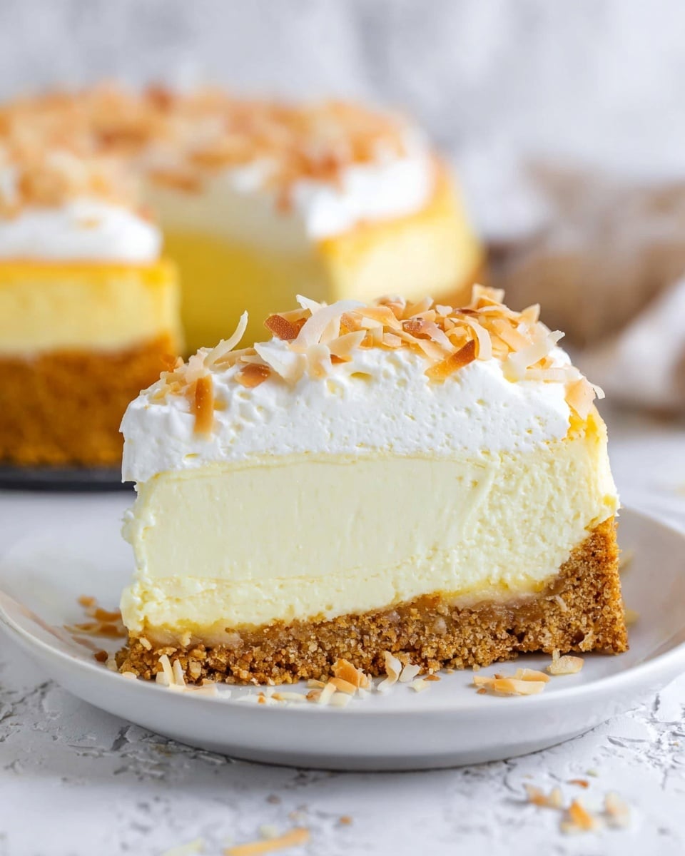 A slice of cheesecake with three clear layers sits on a white plate over a white marbled texture; the bottom layer is a thick, crumbly golden brown crust, the middle layer is a smooth, creamy pale yellow cheesecake, and the top layer is a thick white whipped cream sprinkled with toasted light brown coconut flakes, with more toasted coconut flakes scattered on the plate nearby and the rest of the whole cheesecake blurred in the background photo taken with an iphone --ar 4:5 --v 7