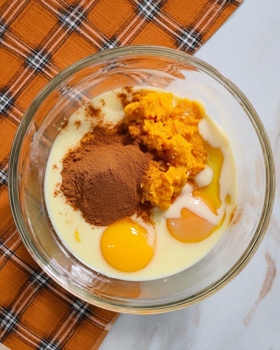 A clear glass bowl contains a mix of ingredients before being stirred. There are two whole raw eggs with bright yellow yolks sitting in a pale cream-colored liquid that fills the bottom of the bowl. On top, there is a mound of brown cinnamon powder next to a smaller pile of vibrant orange mashed squash or pumpkin. Drizzled over the orange layer is a light cream sauce. The bowl rests on a white marbled surface with a corner of an orange and black checkered cloth partially visible to the side. Photo taken with an iphone --ar 4:5 --v 7