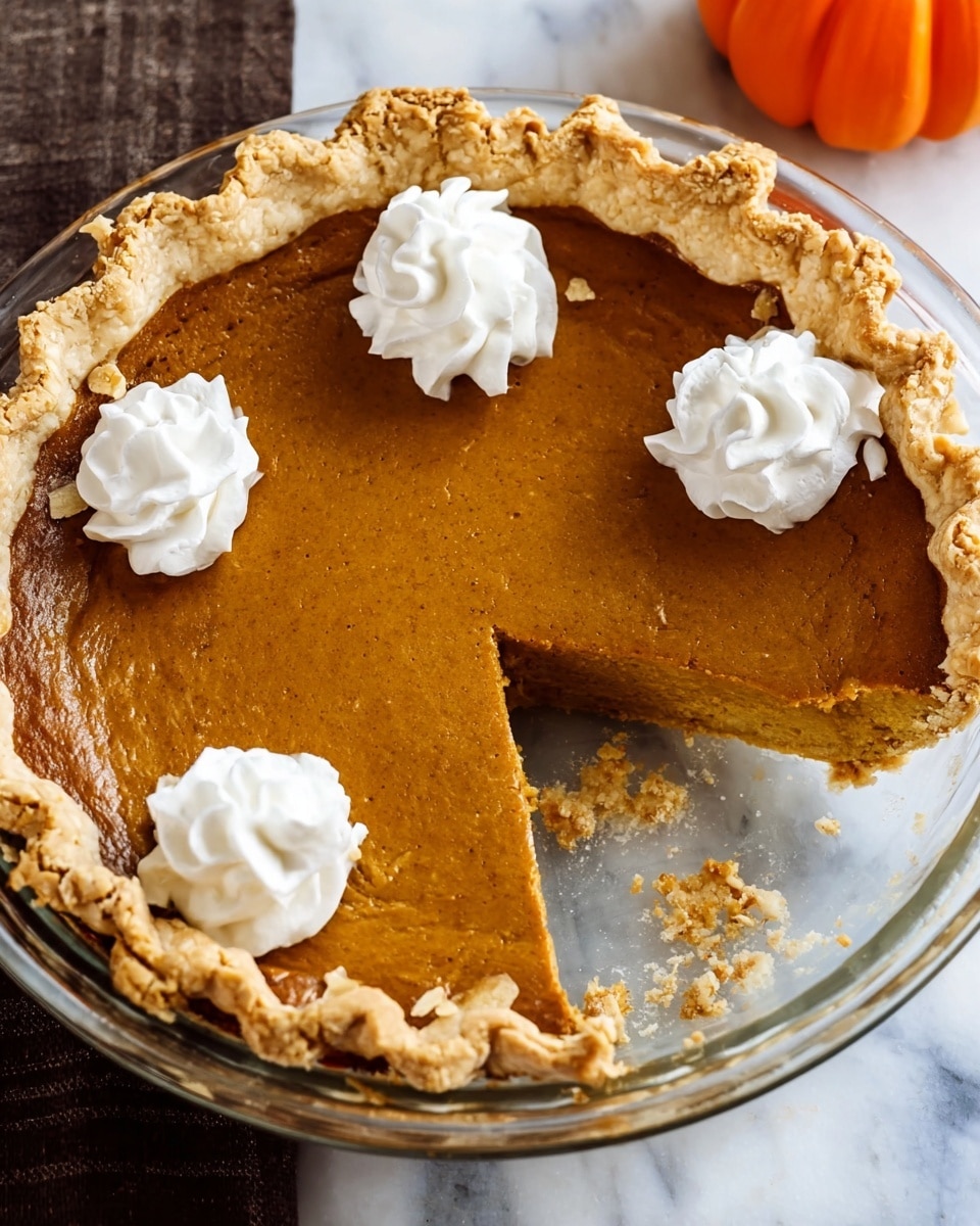 A pumpkin pie in a clear glass pie dish shows a smooth, deep orange-brown pumpkin filling on top with a thick light golden flaky crust around the edge. The filling has three white swirls of whipped cream spaced evenly near the top edge. One slice from near the bottom is missing, revealing the thick pumpkin layer above the crust with flakes of crust fallen in the empty space. The pie sits on a white marbled surface with a small orange pumpkin-shaped candy in the top right corner. Photo taken with an iphone --ar 4:5 --v 7