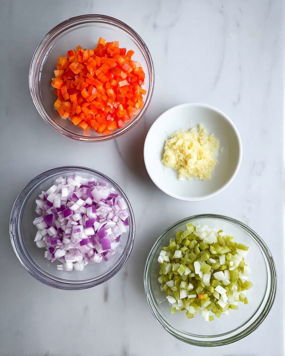 The image shows four clear glass bowls arranged on a white marbled surface. The top left bowl contains small bright orange-red diced pieces, the top right bowl holds pale purple and white diced pieces, the bottom bowl is filled with medium green diced pieces, and a small white bowl at the top center has a small amount of finely minced pale yellow paste. The colors and textures of each ingredient are distinct and separate in their bowls, with no mixing, and the lighting is bright and natural. photo taken with an iphone --ar 4:5 --v 7