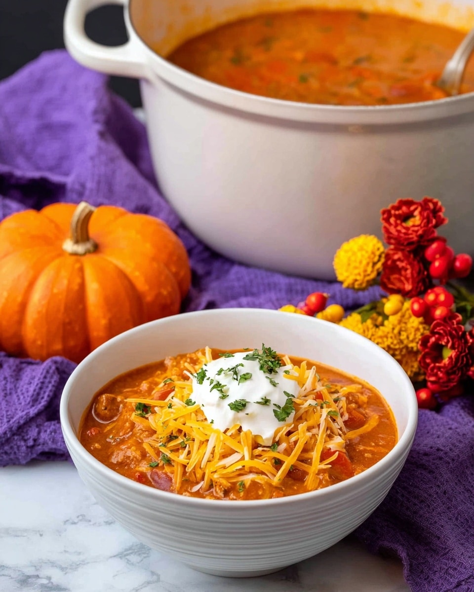 A white bowl filled with thick orange stew containing visible chunks of meat and vegetables forms the first layer, topped generously with bright orange shredded cheese, then a dollop of white sour cream sprinkled with small green parsley pieces completes the top layer. Behind the bowl, a large white pot with two handles holds more of the orange stew, showing a smooth surface. To the left lies a small orange pumpkin and a folded purple cloth, while to the right, orange and yellow flowers with small berry-like decorations add color. All items rest on a white marbled surface. photo taken with an iphone --ar 4:5 --v 7