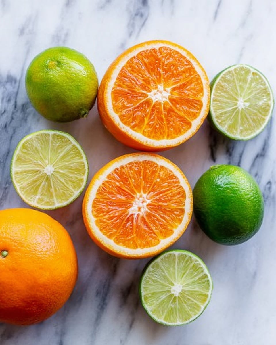 The image shows whole oranges and limes along with two orange halves and two lime halves placed on a white marbled surface. The oranges are bright orange with a smooth texture, and the inside of the orange halves reveals juicy, segmented flesh in a deep orange color. The limes are bright green with a smooth peel, and their halves reveal a pale green juicy inside with visible segments. The fruits are arranged casually across the white marbled surface, creating a fresh and colorful look. photo taken with an iphone --ar 4:5 --v 7