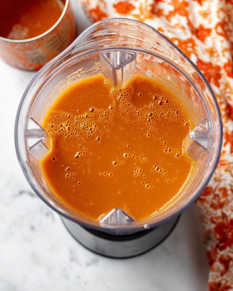 A clear blender container filled almost to the top with a smooth, thick orange liquid that has small bubbles on the surface, indicating it has just been blended. The blender is sitting on a white marbled surface, with a slightly blurred background showing part of an open can with an orange substance inside, and a patterned fabric with orange and white colors. The clear blender jar has sharp ridges and a silver base. photo taken with an iphone --ar 4:5 --v 7