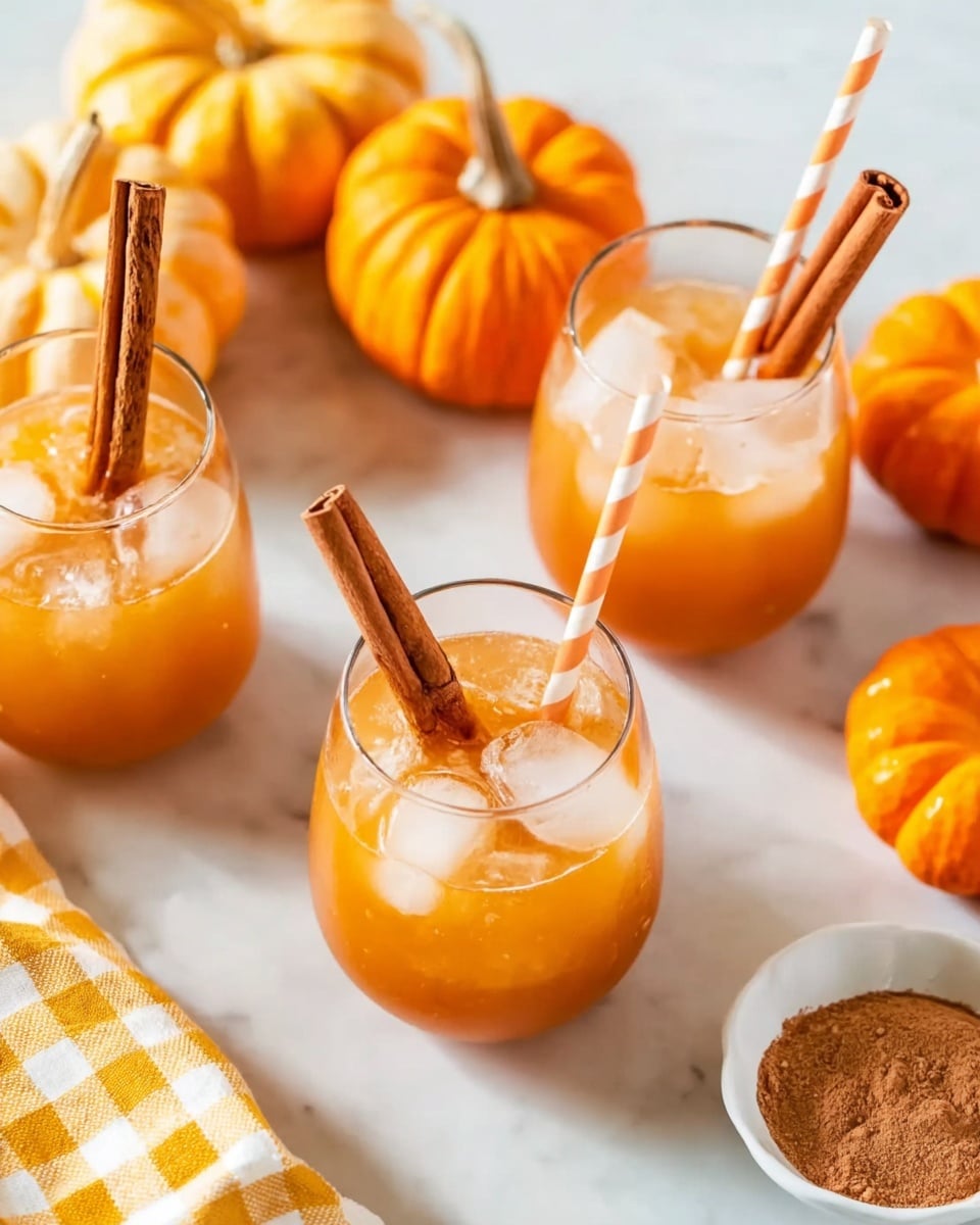 The image shows three glasses filled with a light orange drink with ice cubes visible near the top; each glass has a cinnamon stick standing inside and an orange and white striped straw leaning against the cinnamon stick. The glasses are clear and round, placed on a white marbled surface. Around them, there are several small bright orange pumpkins and a yellow and white checkered cloth partially under the pumpkins. A white small bowl filled with a brown powder, likely cinnamon, is visible at the bottom right corner of the image. The photo is bright with soft natural light, showing clear reflections on the drink and glass surfaces. photo taken with an iphone --ar 4:5 --v 7