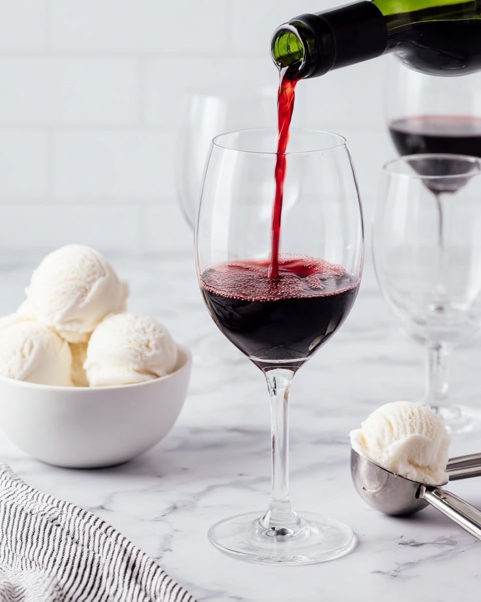 A clear glass wine glass with a long stem is filled halfway with dark red wine being poured from a green bottle with a black neck. In the background, there are two empty clear wine glasses, a white bowl filled with four scoops of white ice cream, and a metal ice cream scooper with a scoop of ice cream beside it. The setting is on a white marbled surface with a white and black striped cloth partially visible in the lower left corner. The overall look is clean and bright. photo taken with an iphone --ar 4:5 --v 7