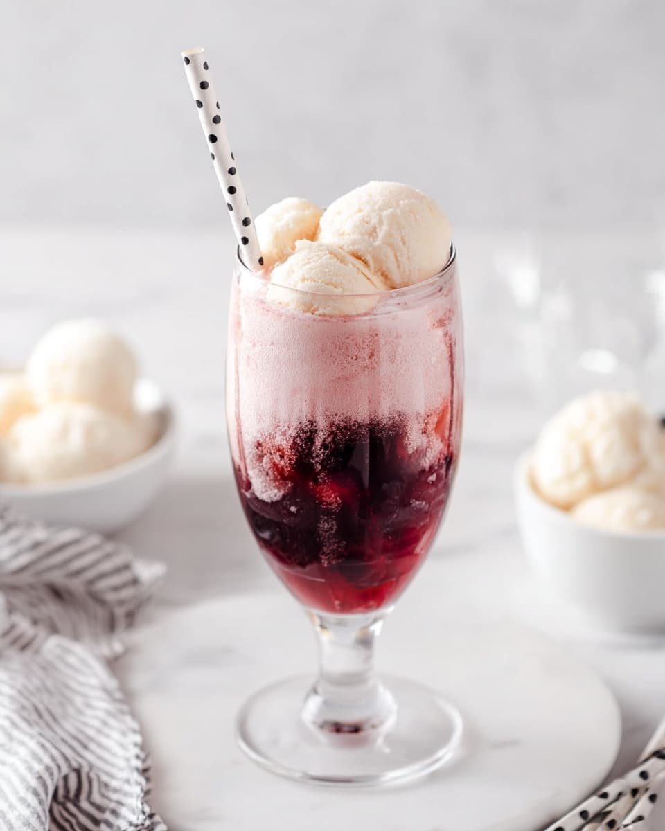 A tall clear glass with a wide round bowl holds a layered drink. The bottom layer is a dark reddish-purple liquid, topped by a thick pale pink foam layer. Three round white scoops of ice cream rest on top of the foam, slightly melting into it. A white paper straw with black polka dots is placed inside the drink on the left side. The glass is set on a white marbled surface with some black and white striped straws nearby, and a white bowl with more white scoops of ice cream is blurred in the background. photo taken with an iphone --ar 4:5 --v 7