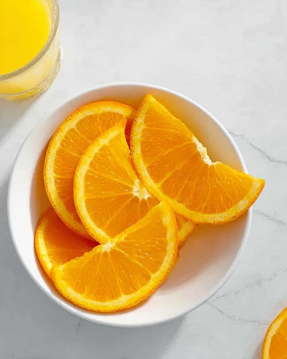 The image shows a white bowl filled with five bright orange slices, neatly stacked and slightly overlapping each other. The orange slices have a fresh, juicy texture with visible pulp and a vibrant, natural orange color. The bowl is placed on a white marbled surface, with part of a glass filled with orange juice visible in the upper left corner of the image. The overall look is clean, bright, and fresh, with a focus on the rich orange color of the fruit. photo taken with an iphone --ar 4:5 --v 7