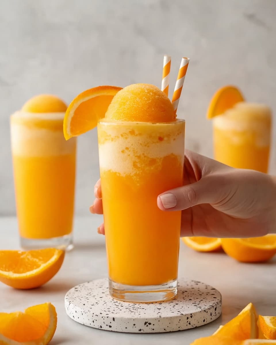 The image shows a tall clear glass filled with bright orange juice with a thick frothy layer of lighter orange foam on top. A round scoop of orange sorbet rests on the foam, slightly melting into it. A white and orange striped straw stands upright in the drink, and an orange slice decorates the rim of the glass. A woman's hand is lightly holding the glass on its right side. The glass sits on a round white coaster with black speckles, placed on a white marbled surface. Around the glass are several orange wedges and slices. In the background, two more glasses filled with similar layered orange drinks are softly focused. Photo taken with an iphone --ar 4:5 --v 7