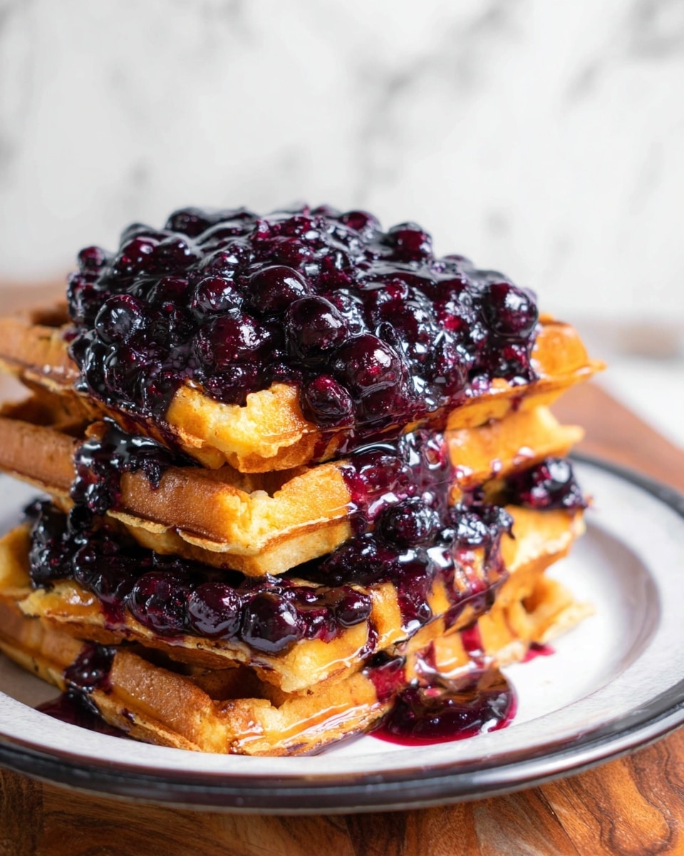 A stack of four golden waffles sits on a white plate with a dark rim, each waffle layer textured with a crisp edge and soft inner bubbles. Between and on top of the waffles is a thick layer of deep purple-blue blueberry sauce, glossy and chunky, with whole blueberries scattered throughout. The sauce drips over the edges, pooling slightly at the base of the stack. The plate rests on a wooden surface with a white marbled texture background. photo taken with an iphone --ar 4:5 --v 7
