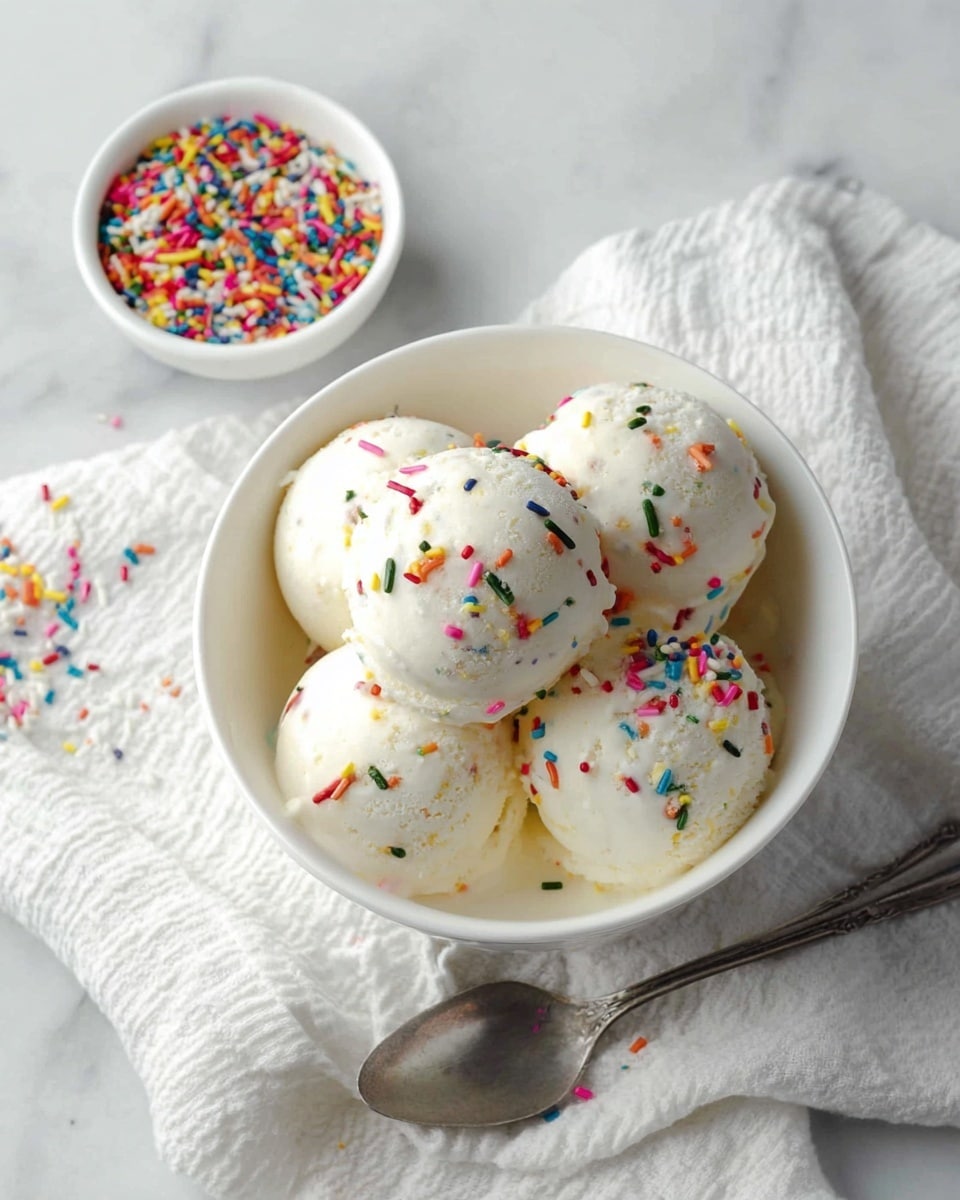A white bowl contains four round scoops of vanilla ice cream, each topped with colorful small rainbow sprinkles scattered lightly. The bowl is placed on a white marbled surface covered with a textured white cloth. Next to the bowl, a small white bowl filled with more rainbow sprinkles rests on the surface, and a silver spoon lies nearby on the cloth. The scene is softly lit, showing the smooth texture of the ice cream and the vibrant colors of the sprinkles. photo taken with an iphone --ar 4:5 --v 7