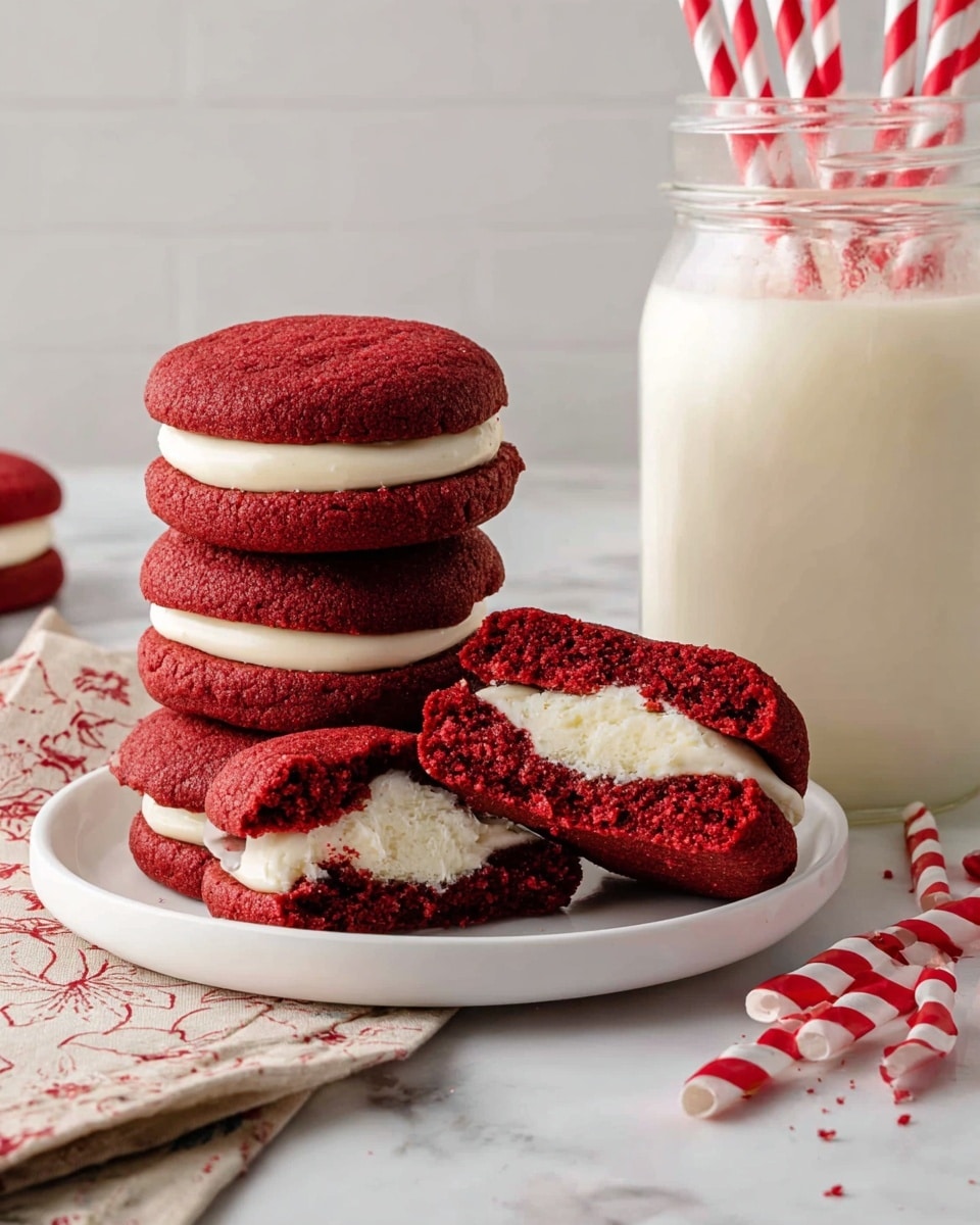 The image shows a stack of red velvet sandwich cookies on a white plate, each cookie consisting of two deep red, soft-textured cake layers with a thick, smooth, creamy white filling in the middle. In front of the plate, one cookie is broken in half to show the thick white filling between the two red cake layers. To the right, there is a mason jar filled with milk placed on a white marbled surface. Around the jar and cookies, there are several scattered red and white striped straws, and part of a beige napkin with a red and white pattern is visible at the bottom left corner. The background has a neutral white marbled texture. Photo taken with an iphone --ar 4:5 --v 7