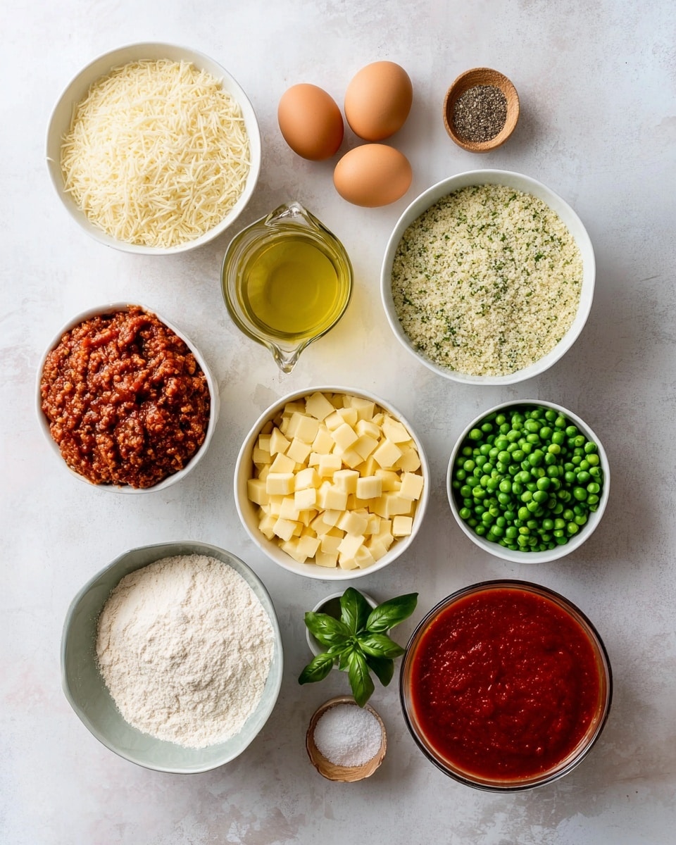 A top-down view of several white bowls and containers with various cooking ingredients set on a white marbled surface. From top left and moving right, there is a white bowl with grated cheese, a white bowl filled with uncooked rice, and a white bowl with lightly colored breadcrumbs flecked with green herbs. Below, a small clear glass holds a light yellow oil, next to a glass pitcher filled with golden broth. Three brown eggs rest on a small wooden dish slightly to the right, near a small gray bowl containing salt and pepper. Below, a white bowl holds diced yellow cheese, and nearby a small glass bowl contains fresh green peas. To the left are a white bowl with chopped cooked meat sauce, a white bowl filled with white flour, and a white bowl with thick red tomato sauce. A small gray bowl with fresh basil leaves is also visible. Everything is arranged neatly with a soft natural light. photo taken with an iphone --ar 4:5 --v 7