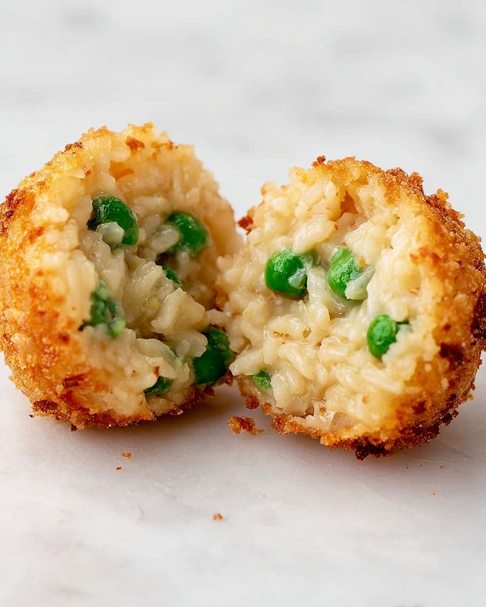 Two round fried rice balls are cut in half and placed on a white marbled surface. Each ball has a golden-brown crispy outer layer that looks crunchy. Inside, there is a soft, creamy rice layer with a light beige color mixed with some melted cheese. In the center of each ball, bright green peas are embedded, adding a splash of color and texture contrast. The whole dish looks warm and inviting. photo taken with an iphone --ar 4:5 --v 7