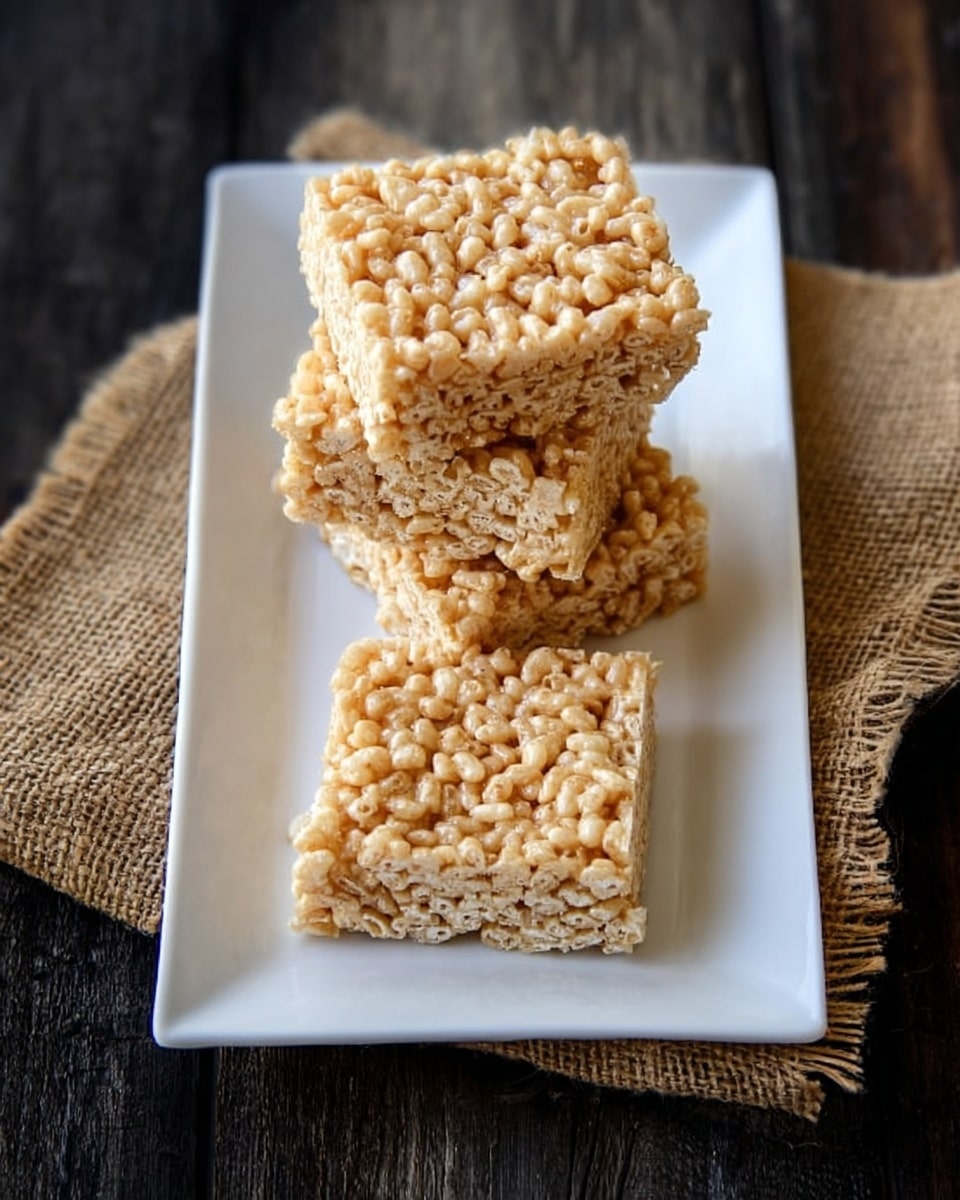 Four square rice crispy treats are stacked neatly on a long white rectangular plate. Each treat has a light golden color and a textured surface made of puffed rice cereal held together with a sticky, shiny binder. The plate sits on a piece of rough burlap fabric, which is placed on a dark wooden table. The treats are arranged slightly tilted, showing their thickness and crunchy texture. photo taken with an iphone --ar 4:5 --v 7