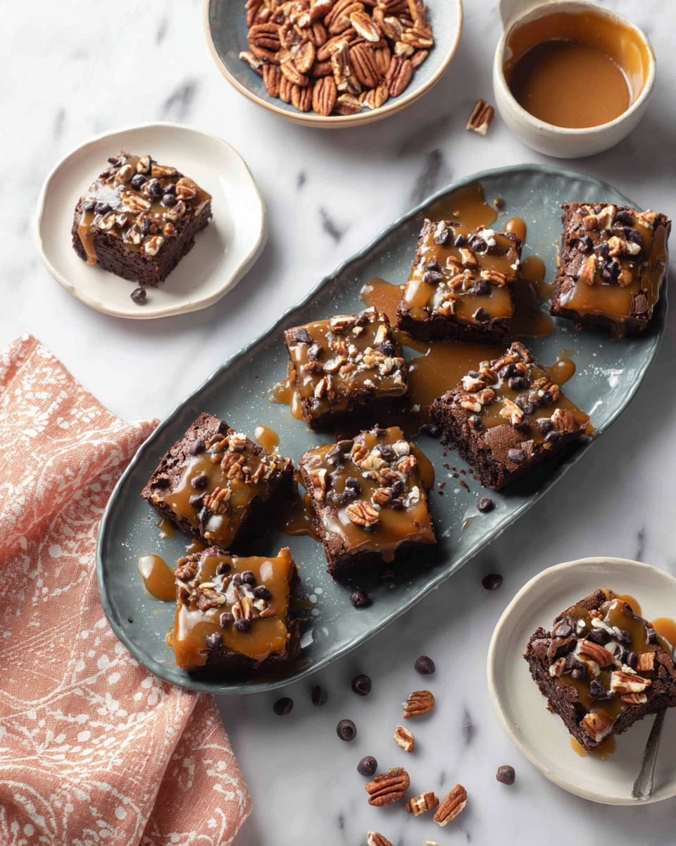 The image shows eight square brownies arranged on a large gray oval tray over a white marbled surface. Each brownie has three visible layers: a dark brown dense base layer, a shiny caramel layer on top that slowly drips down the sides, and a topping of mixed pecan pieces and dark chocolate chips scattered unevenly. Around the tray, there are two white plates each holding one brownie of the same style, a white bowl filled with pecans, and a small white bowl with caramel sauce. Some pecans and chocolate chips are scattered on the surface near the dishes, with a pale pink cloth with white patterns to the left side of the tray. Photo taken with an iphone --ar 4:5 --v 7