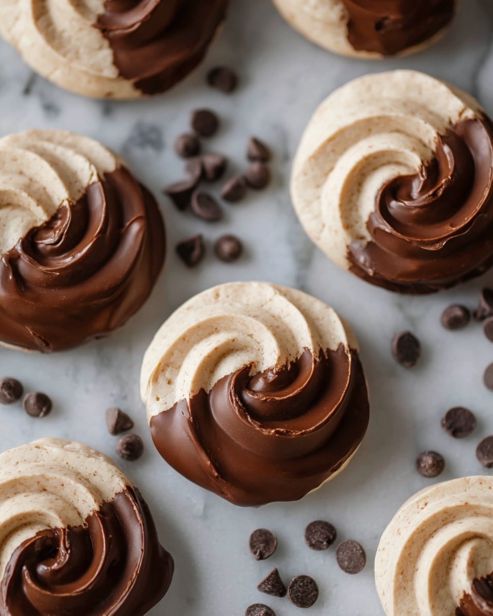The image shows several round cookies with two layers on a white marbled surface. Each cookie has a light beige swirled top layer with soft, airy texture, and the bottom half of each cookie is dipped in smooth, dark brown chocolate. Dark chocolate chips are scattered around the cookies on the same surface. photo taken with an iphone --ar 4:5 --v 7
