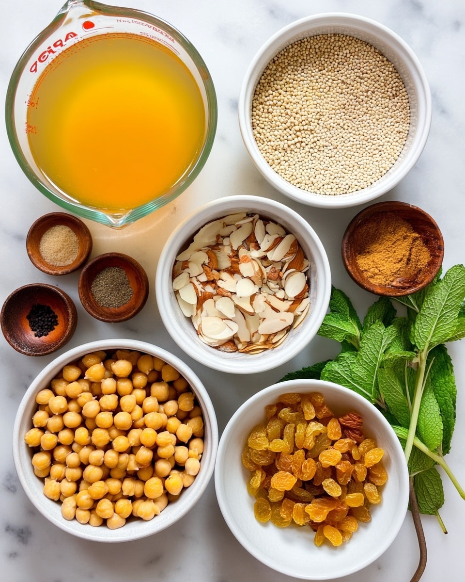 A top-down view of various ingredients arranged neatly on a white marbled surface. There is a clear glass measuring cup filled with orange-colored broth placed in the top left corner. Below it, a white bowl filled with small, round beige quinoa seeds. Next to it on the right, another white bowl filled with sliced almonds. Below these, a white bowl full of yellow chickpeas is seen in the bottom left corner. To the right of the chickpeas, a white bowl contains golden raisins. Small wooden bowls hold salt, black pepper, and ground cinnamon, scattered between the larger bowls. Fresh green herbs, likely cilantro and mint, are placed on the right side, adding fresh color to the scene. Photo taken with an iphone --ar 4:5 --v 7