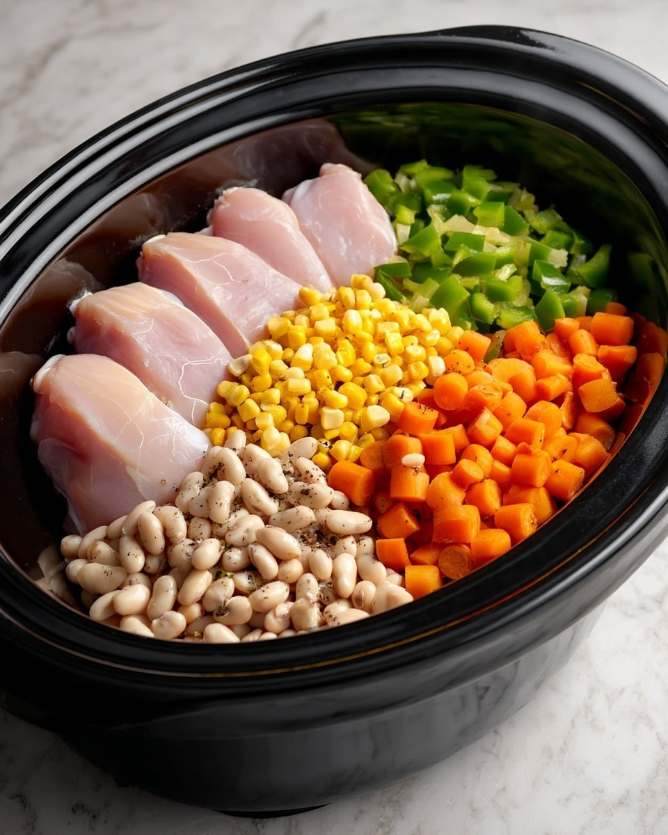 The image shows a black oval slow cooker filled with five different layers of food. On the right side, there are two pieces of light pink raw chicken placed neatly. Next to the chicken, there is a layer of chopped mixed vegetables including green bell pepper, orange carrot, and white onion with some black pepper. On the far left side, there are white beans, light yellow corn kernels, and light brown chickpeas arranged in separate sections, each with a smooth texture. All ingredients sit inside the cooker on a white marbled surface background. Photo taken with an iphone --ar 4:5 --v 7