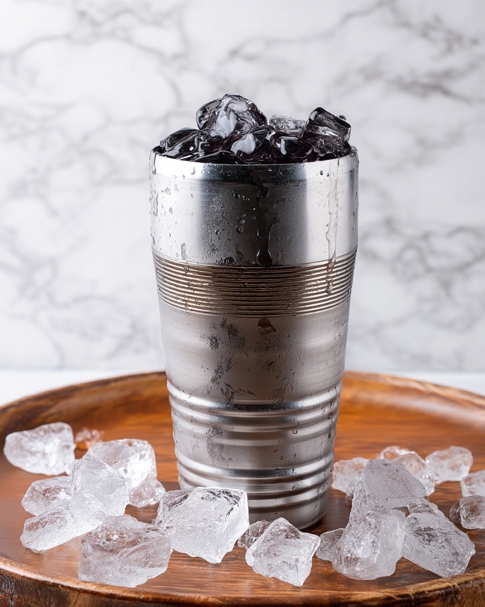 A tall silver metal glass filled with a dark shiny drink topped with many uneven ice cubes forming a glossy black layer on top. The glass has horizontal ridges near the middle and bottom, with some condensation on the outside. It sits on a round wooden surface scattered with uneven clear ice pieces, all set against a white marbled background. photo taken with an iphone --ar 4:5 --v 7