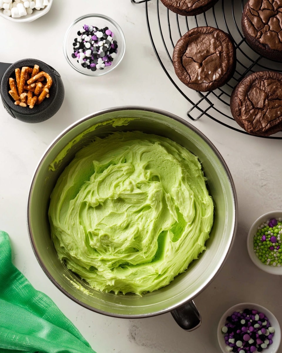A shiny metal bowl filled with bright green creamy frosting that looks smooth and fluffy, sitting on a white marbled surface. Around it, there are small containers with different decorations: one with tiny white bones with black spots, a clear bowl with black, white, and purple candy dots, a small black pot with crunchy pretzel sticks, and a little white bowl with small green and white round sprinkles. In the top right corner, four dark brown round brownies with cracked tops rest on a black wire cooling rack. A green cloth is partly visible at the bottom left. photo taken with an iphone --ar 4:5 --v 7