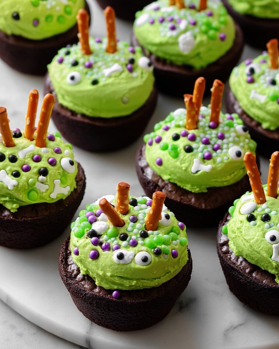The image shows multiple chocolate cupcakes topped with a thick layer of bright green frosting. Each cupcake has a smooth, rounded dome of frosting that is decorated with small round sprinkles in various colors: white, light green, black, and purple. There are also small white candy shapes that look like bones scattered on the frosting. Sticking out from the center of some cupcakes are thin, orange pretzel sticks. The cupcakes are arranged on a white marbled surface. Photo taken with an iphone --ar 4:5 --v 7