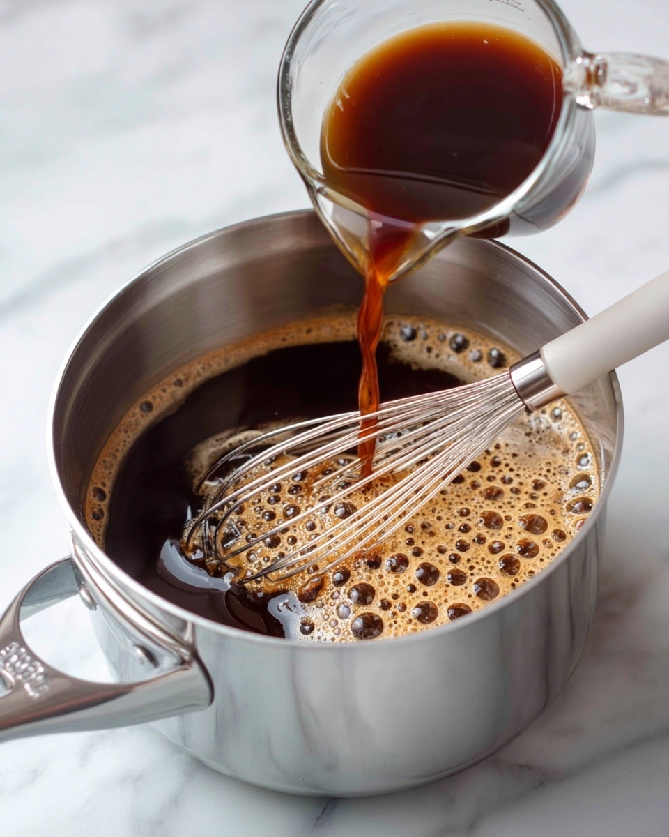 A shiny silver pot is placed on a white marbled surface. Inside the pot, there is a dark brown liquid with bubbles on top, creating a foamy texture. A white whisk with a silver handle is resting inside the pot, being held as a darker liquid is poured from a clear glass measuring cup into the pot, mixing with the foam below. The scene captures the moment the liquid hits the surface, showing little splashes and bubbles. photo taken with an iphone --ar 4:5 --v 7