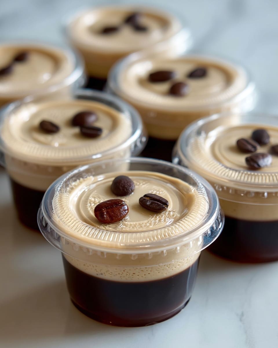 The image shows several small clear plastic cups filled with two layers: the bottom layer is dark and smooth, resembling coffee jelly, and the top layer is light beige with a creamy texture, topped with three dark brown coffee beans. The cups are stacked inside a transparent glass bowl placed on a white marbled surface. Each cup has a clear plastic lid sealed on top. Photo taken with an iphone --ar 4:5 --v 7