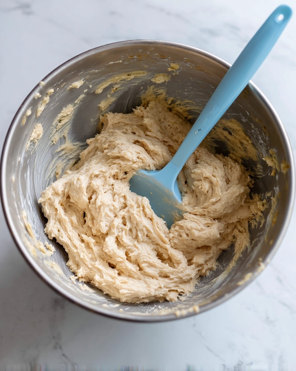 A close-up view of a shiny metal bowl filled with thick, creamy dough that looks soft and slightly lumpy with a light beige color. Inside the bowl, a pale blue rubber spatula rests in the dough, showing some dough stuck to it. The inside walls of the bowl have streaks of dough, showing that it has been mixed well. The bowl is placed on a white marbled surface. photo taken with an iphone --ar 4:5 --v 7