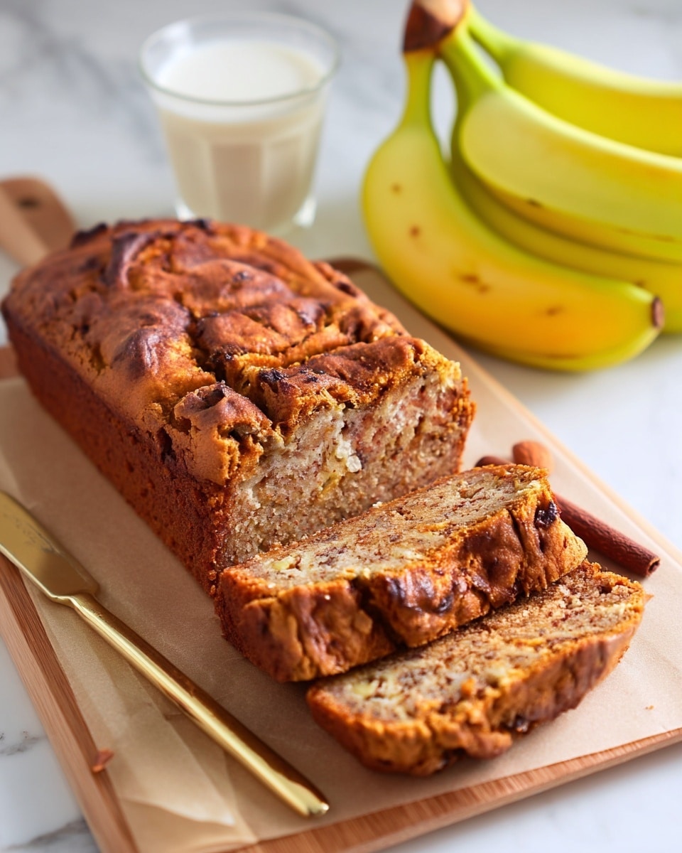 A loaf of banana bread with a rough, cracked brown crust is shown partly sliced with four visible slices. The inside is light brown with small darker specks and soft texture. It sits on light brown parchment paper, which is on a light wooden board. On the left side, there is a gold butter knife with a brown almond near the handle. In the background, there is a bunch of yellow bananas and a glass of white milk, all placed on a white marbled surface. Photo taken with an iphone --ar 4:5 --v 7