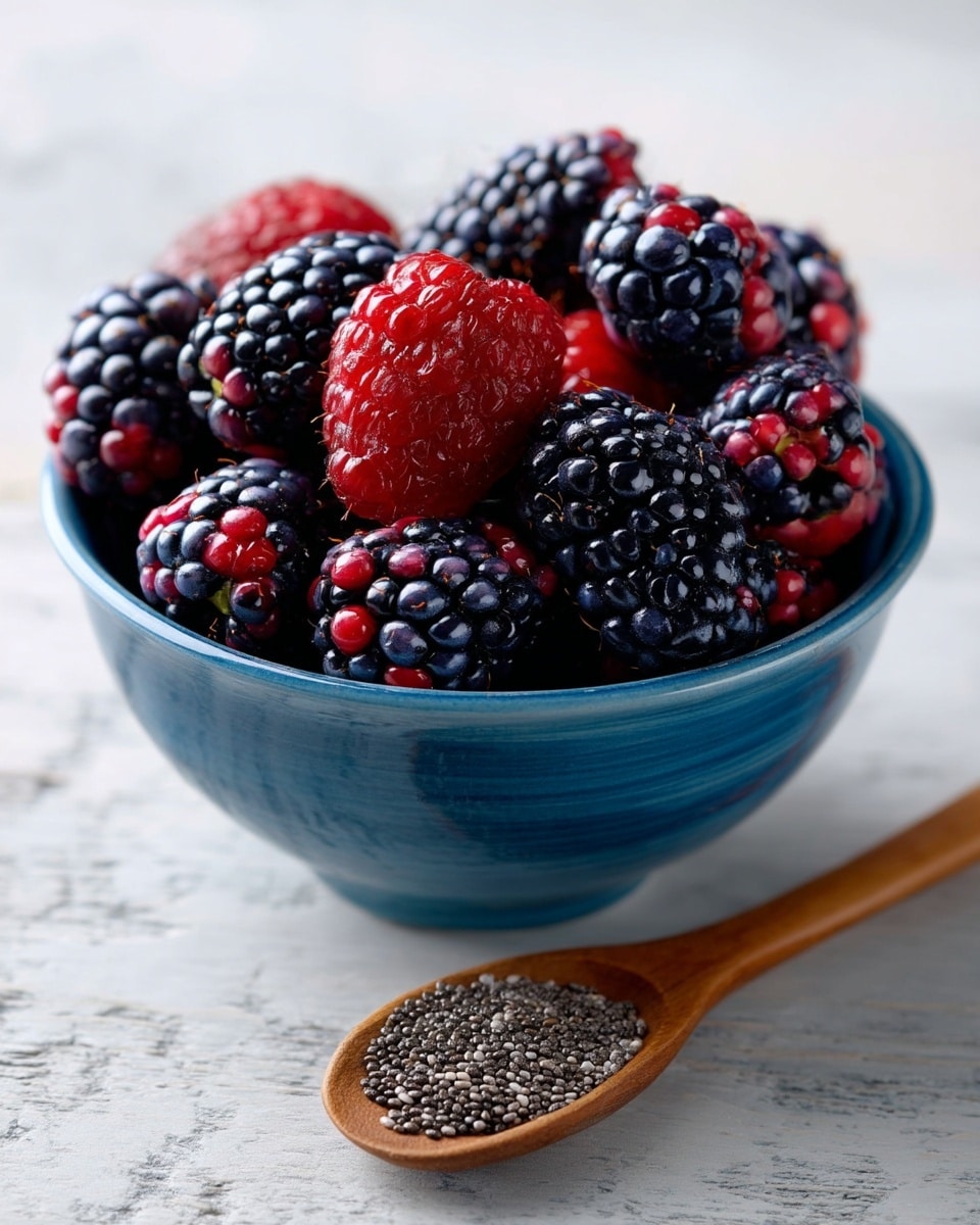 A close-up view of a blue bowl filled with large, shiny blackberries that have some red parts, sitting on a wooden surface. Next to the bowl, there is a wooden spoon holding tiny, gray chia seeds. The background is a white marbled texture, and the textures of the berries and seeds are clear and detailed. photo taken with an iphone --ar 4:5 --v 7