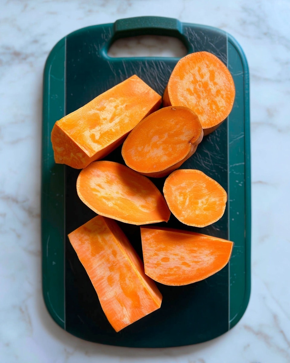 The image shows several thick slices of orange sweet potato placed on a dark green cutting board with a handle on the left side. The slices vary in size but are mostly rectangular with smooth surfaces and a rich orange color. The board is set on a white marbled surface, and the lighting highlights the texture and natural patterns on the sweet potato pieces. photo taken with an iphone --ar 4:5 --v 7
