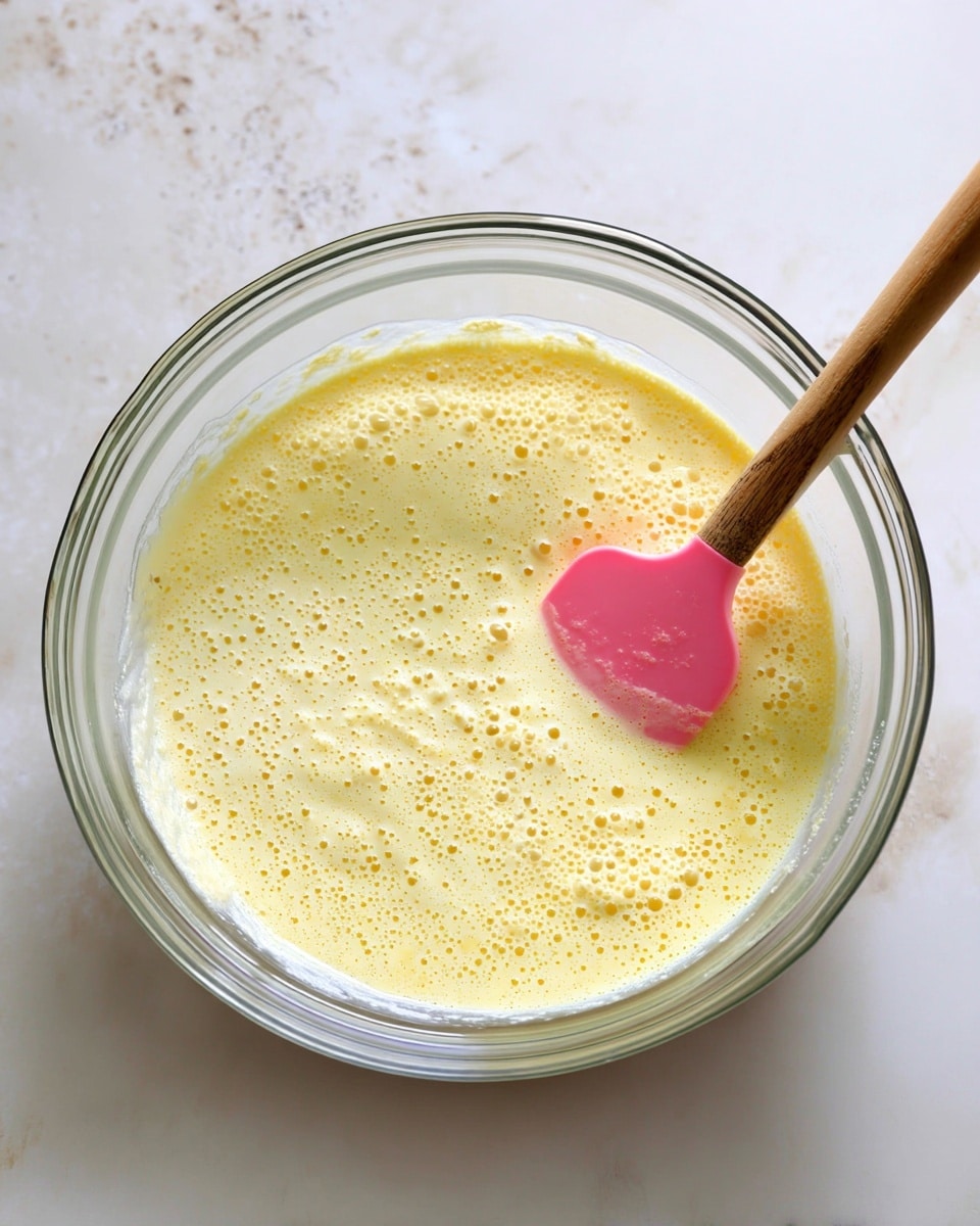 A clear glass bowl filled with a light yellow batter that has a smooth and slightly frothy texture, with many small bubbles on the surface, sits on a white marbled texture. Inside the bowl, there is a wooden spoon with a pink silicone spatula head partially submerged in the batter. Photo taken with an iphone --ar 4:5 --v 7