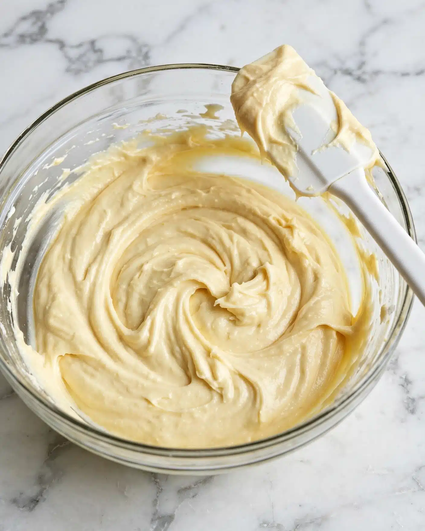 Vegan Mango Bread Recipe 4 A clear glass bowl filled with smooth, creamy, pale yellow batter with a soft texture. A white spatula with a white tip is resting on the edge of the bowl, partially covered in the same batter. The bowl is placed on a white marbled surface, with no other items visible. The batter looks thick and well-mixed, with small swirls and folds on the surface from stirring. Photo taken with an iphone --ar 4:5 --v 7