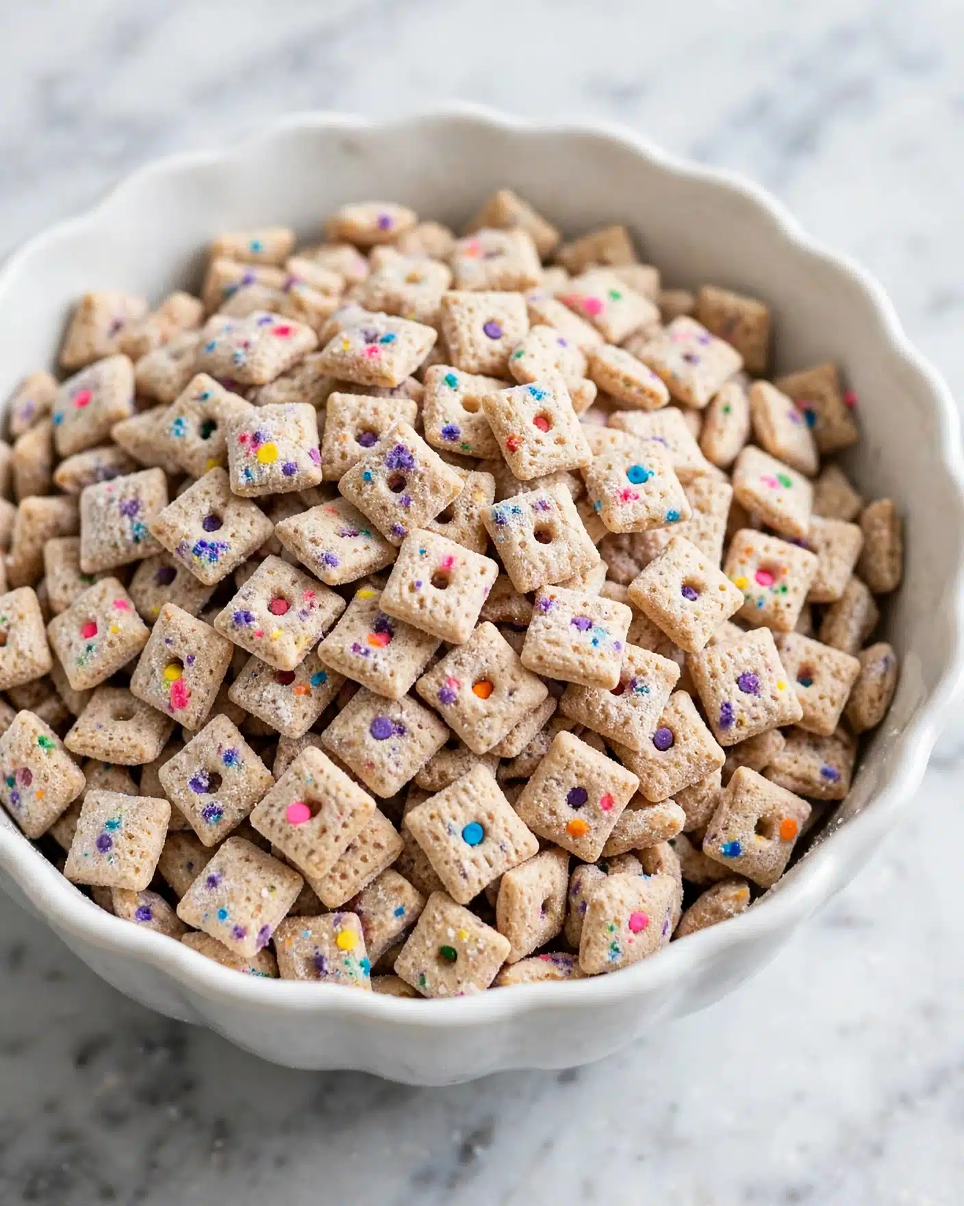 Cake Batter Muddy Buddies Recipe 5 A close-up view of a white scalloped bowl filled to the top with small square cereal pieces that are light beige with colorful sprinkles inside each piece, creating a confetti effect. The cereal pieces have a soft, slightly puffed texture with some powdery parts on the surface. The bowl sits on a white marbled surface, and the lighting highlights the cereal’s details and colors clearly. photo taken with an iphone --ar 4:5 --v 7