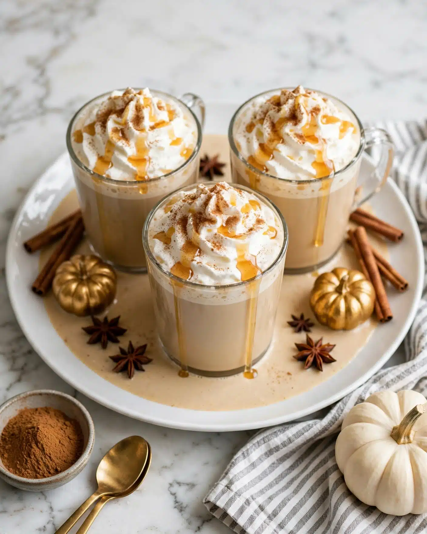 Pumpkin Spice Milk Recipe 5 Three clear glass mugs sit on a large white plate filled with a creamy beige drink layered with a big swirl of white whipped cream on top, dusted with brown cinnamon powder and drizzled with golden syrup. Each mug is surrounded by small golden pumpkin decorations, dark brown star anise, and cinnamon sticks scattered around the plate on a white marbled surface. Nearby, a white pumpkin, a small bowl of cinnamon powder, two gold spoons, and a striped white and gray cloth add extra cozy details. photo taken with an iphone --ar 4:5 --v 7
