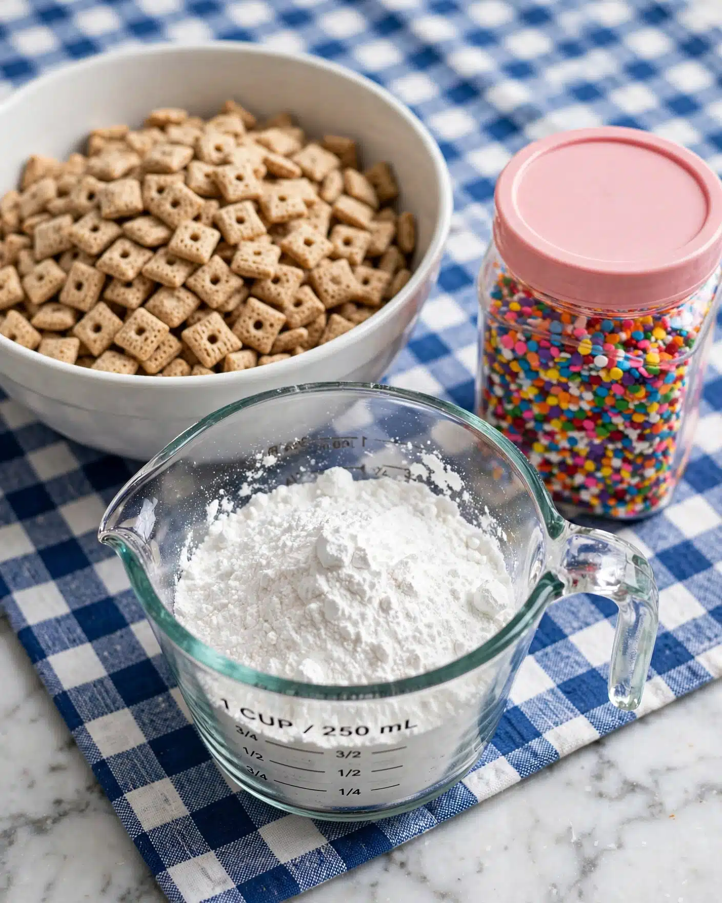 Cake Batter Muddy Buddies Recipe 4 The image shows a clear measuring cup filled with white powdered sugar in the foreground. Behind it, there is a large white bowl filled with small, light brown cereal pieces. Next to the measuring cup, on the right side, is a clear container with a pink lid full of colorful round sprinkles. All items are placed on a blue and white checkered cloth over a white marbled surface. Photo taken with an iphone --ar 4:5 --v 7