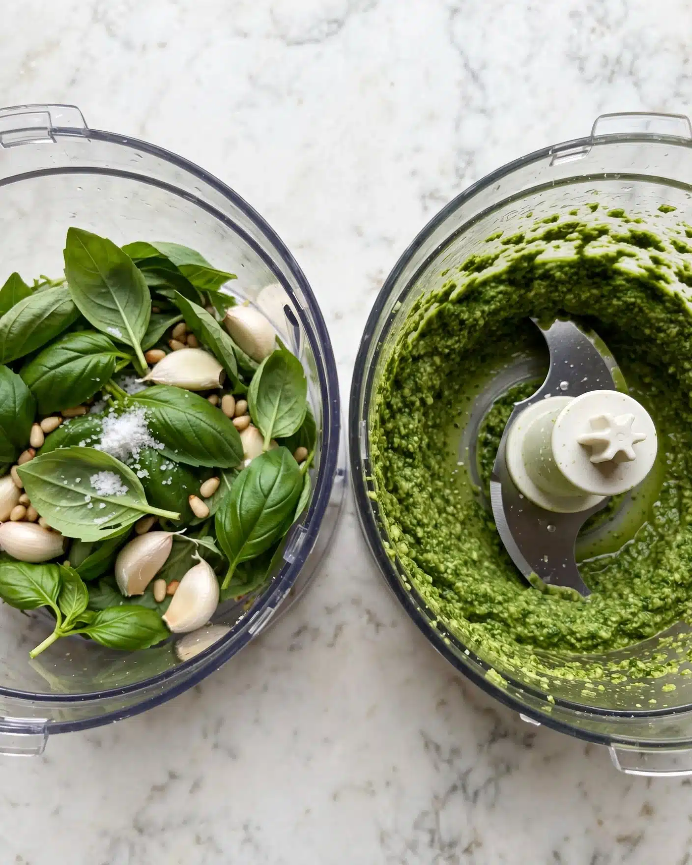 The BEST Creamy Pesto Pasta Recipe (15 Minutes!) Recipe 4 The image shows two clear food processor bowls side by side on a white marbled surface. The left bowl contains whole fresh green basil leaves, garlic cloves, whole pine nuts in light brown tones, and a pinch of white salt, all layered loosely inside. The right bowl shows the pesto fully blended into a textured thick green paste that covers the bottom and sides of the bowl, with the metal blade and white center piece visible in the middle. Photo taken with an iphone --ar 4:5 --v 7